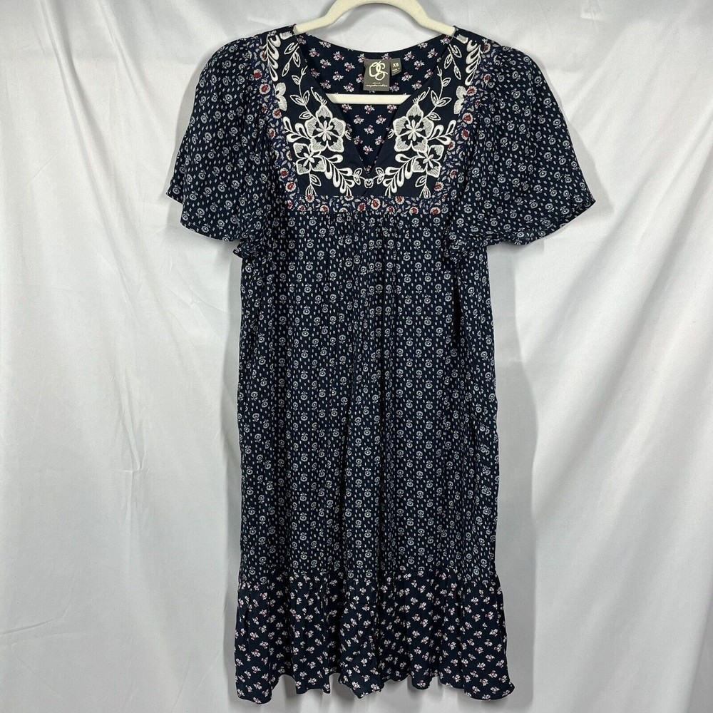 Anthropologie One September Alpina XS Embroidered Navy Blue Floral Boho Dress